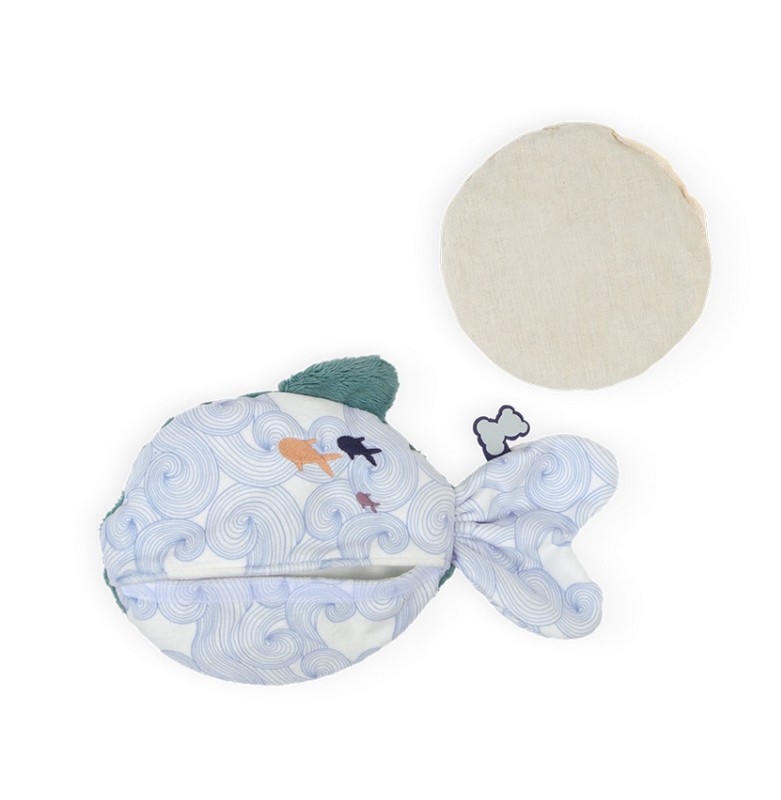 Boule calda o fredda per bambini a forma di pesce con busta interna contenente argilla e fiori di lavanda, adatta fin dalla nascita